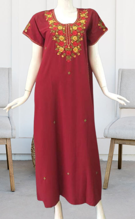 Maroon Parsi Embroidery Soft XXL Nighty . Soft Breathable Fabric | Laces and Frills - Laces and Frills