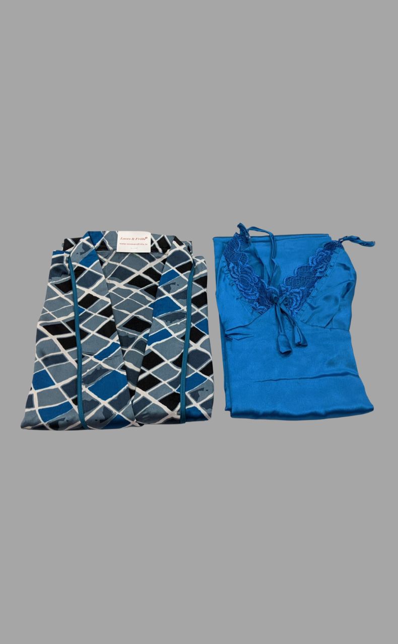 Sky Blue Satin House Coat Set - Laces and Frills