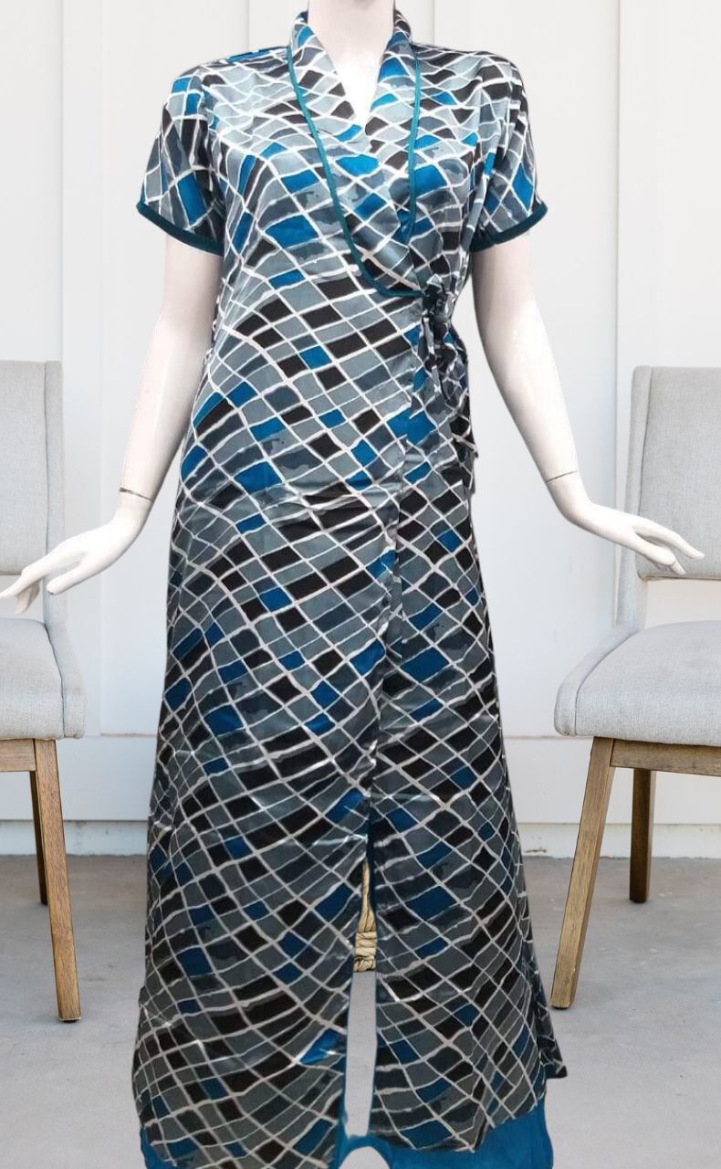 Sky Blue Satin House Coat Set. Soft Silky Satin | Laces and Frills - Laces and Frills