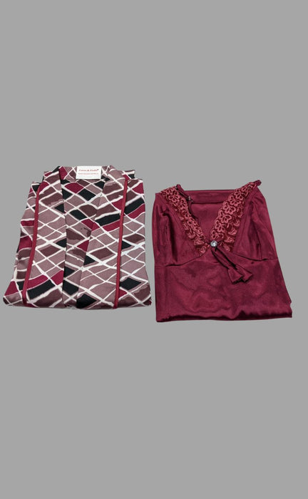 Maroon Satin House Coat Set - Laces and Frills