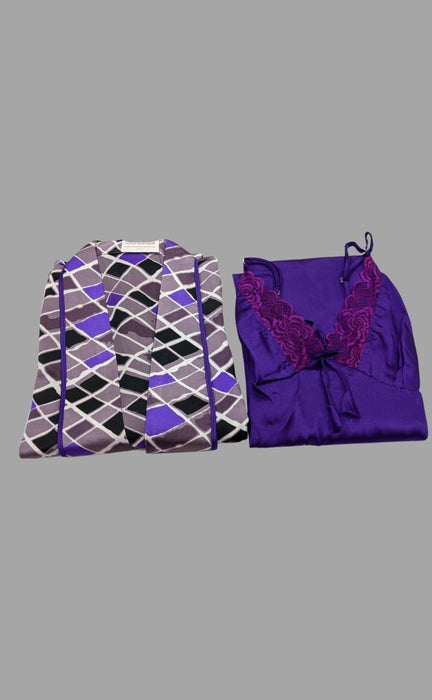 Violet Satin House Coat Set - Laces and Frills