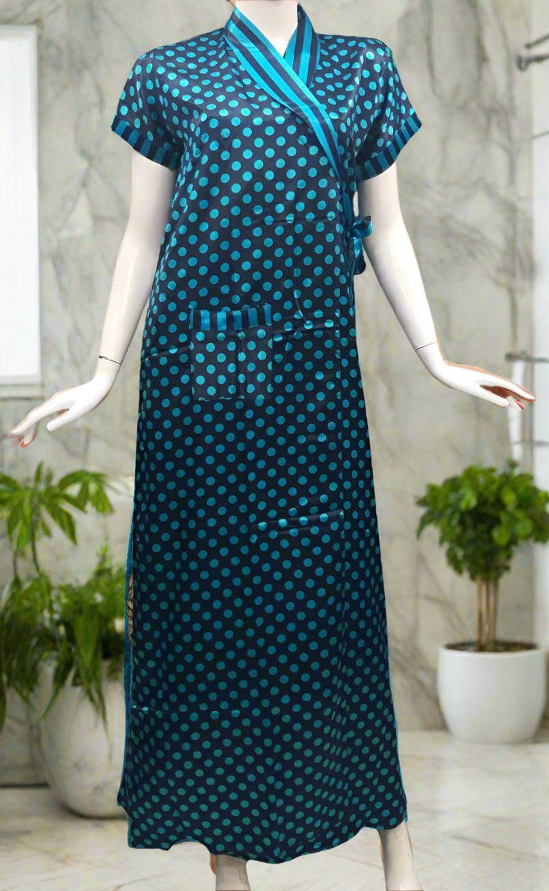 Black/Blue Polka Dot Satin House Coat Set .. Soft Silky Satin | Laces and Frills - Laces and Frills