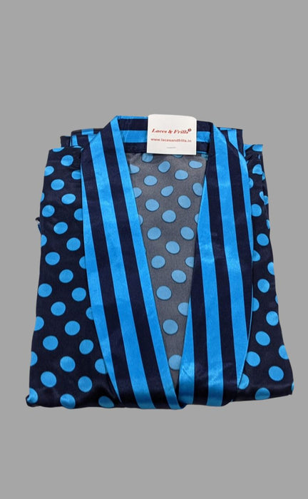 Black/Blue Polka Dot Satin House Coat Set - Laces and Frills