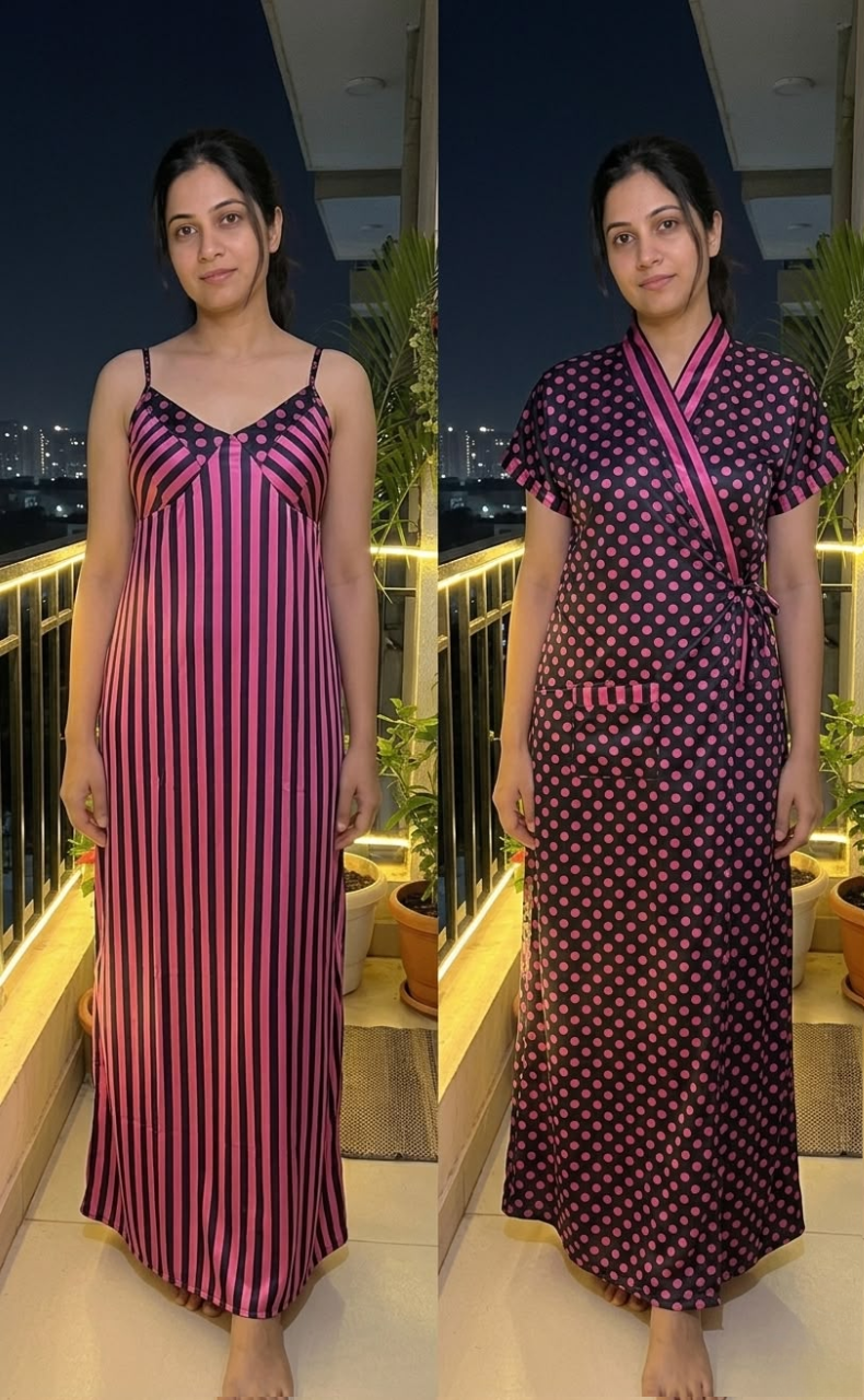 Black/Pink Polka Dot Satin House Coat Set . Soft Silky Satin | Laces and Frills