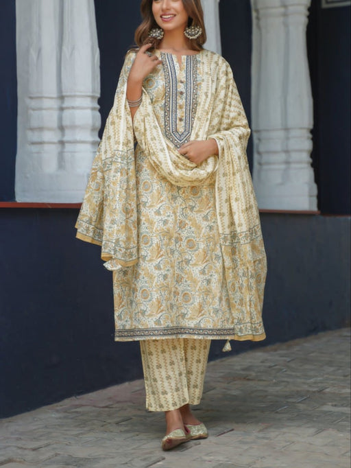 White/Mustard Garden Kurti With Pant And Dupatta Set  .Pure Versatile Cotton. | Laces and Frills - Laces and Frills