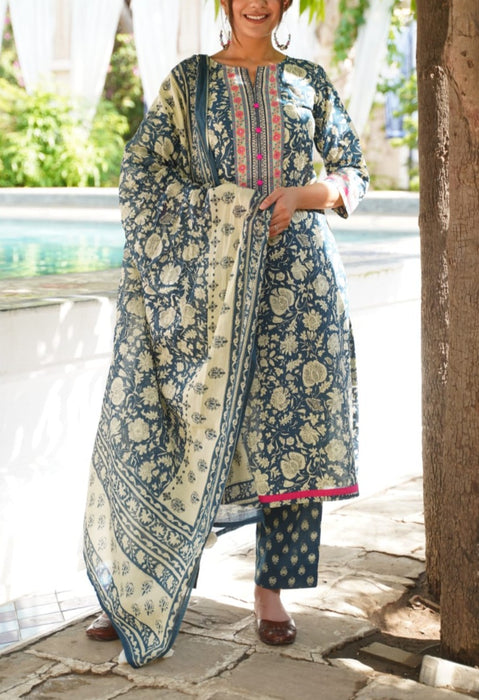 Dark Indigo Blue Garden Kurti With Pant And Dupatta Set  .Pure Versatile Cotton. | Laces and Frills - Laces and Frills