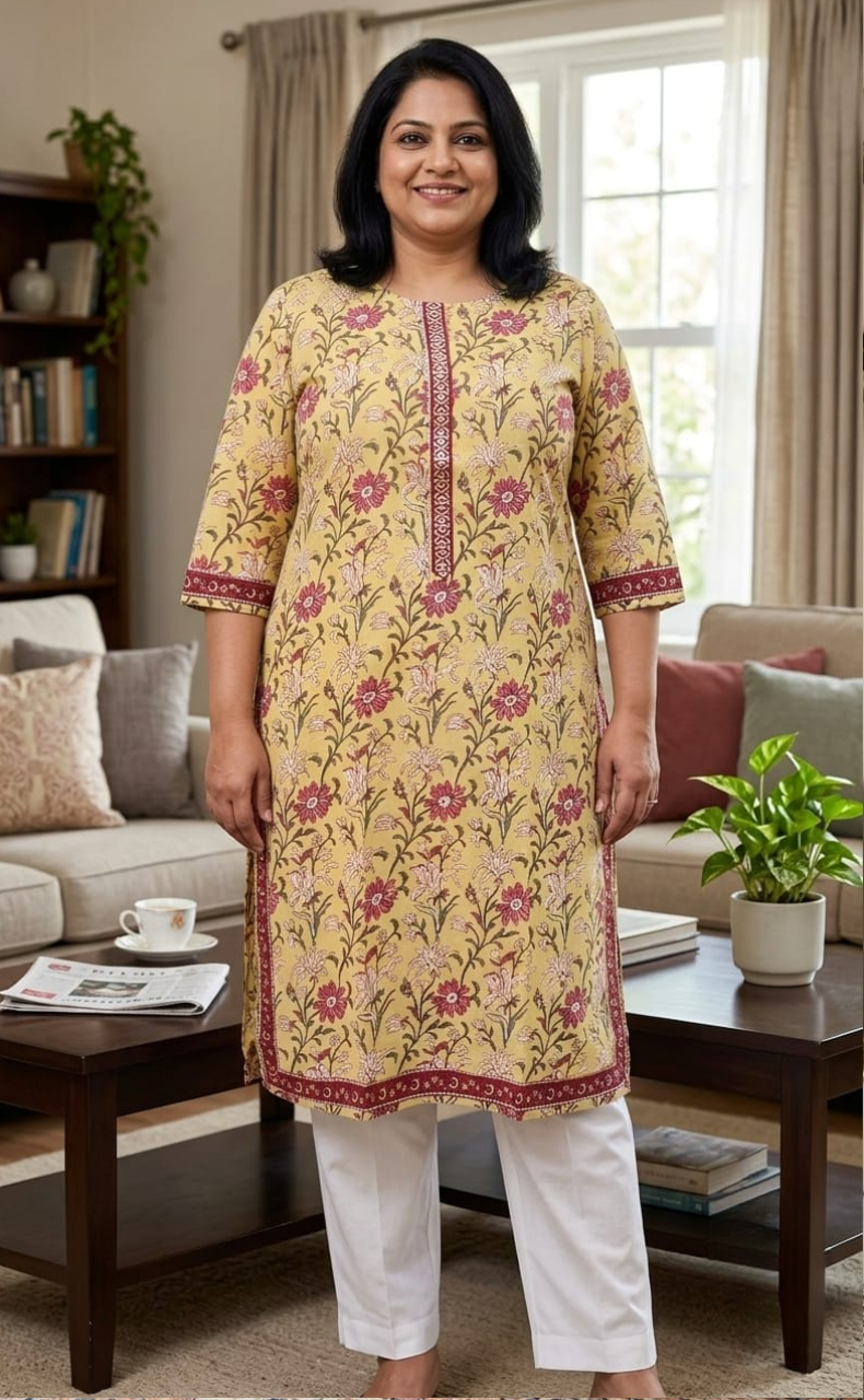 Yellow Garden Jaipuri Cotton Kurti. Pure Versatile Cotton. | Laces and Frills