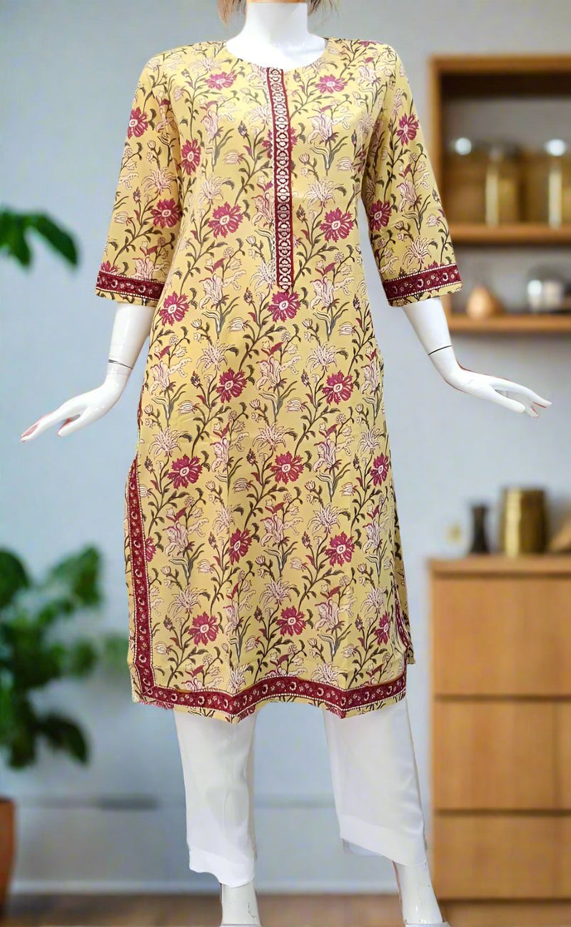 Yellow Garden Jaipuri Cotton Kurti. Pure Versatile Cotton. | Laces and Frills - Laces and Frills