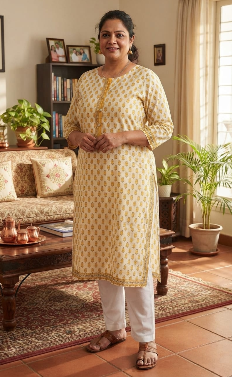 Yellow Flora Jaipuri Cotton Kurti. Pure Versatile Cotton. | Laces and Frills