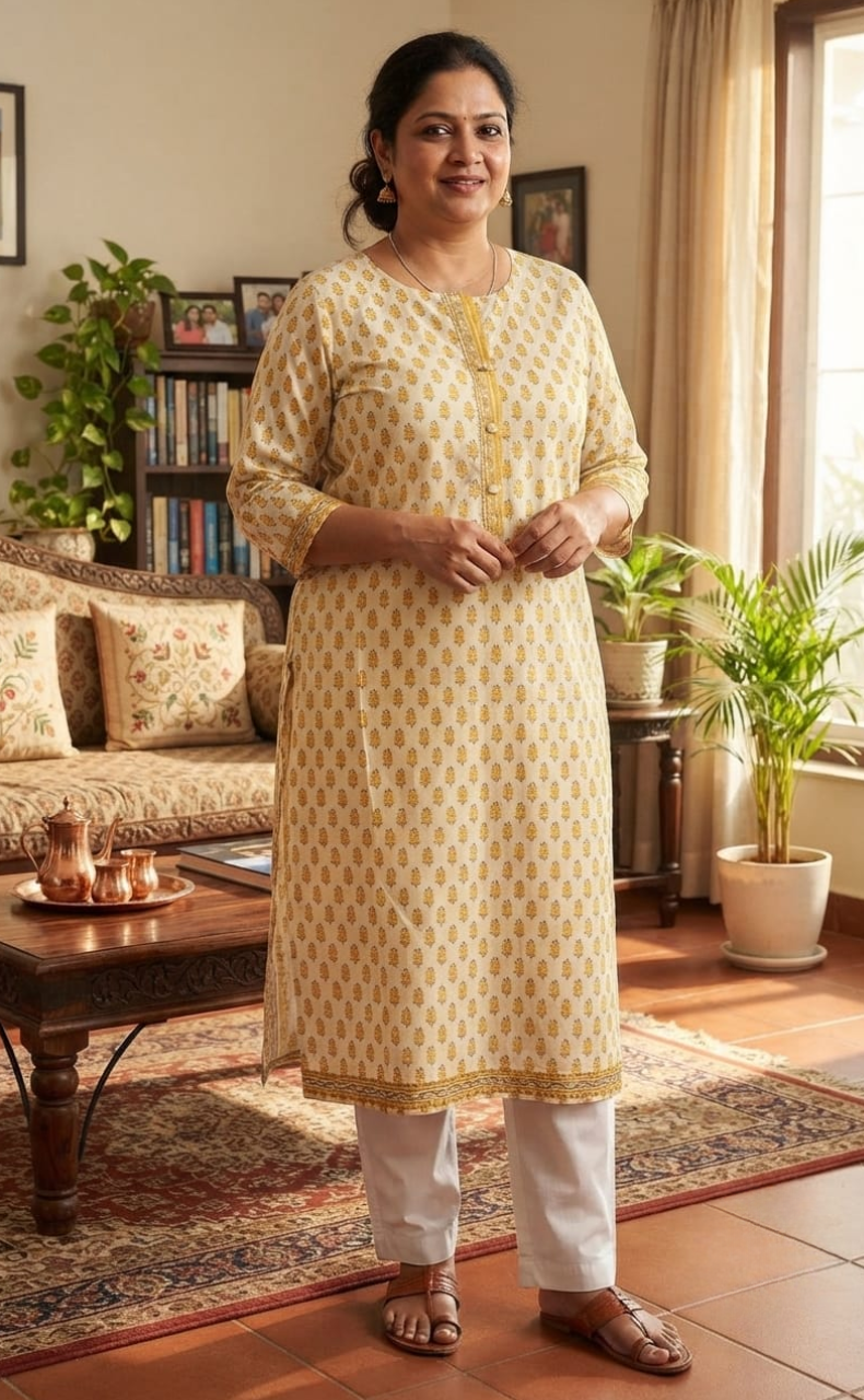 Yellow Flora Jaipuri Cotton Kurti. Pure Versatile Cotton. | Laces and Frills
