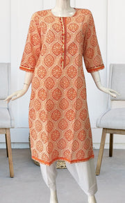 Orange Motif Jaipuri Cotton Kurti. Pure Versatile Cotton. | Laces and Frills - Laces and Frills
