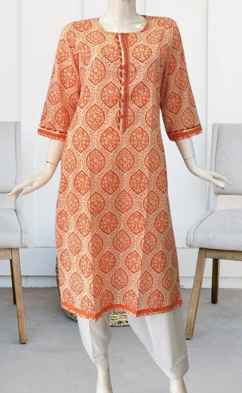 Orange Motif Jaipuri Cotton Kurti. Pure Versatile Cotton. | Laces and Frills - Laces and Frills