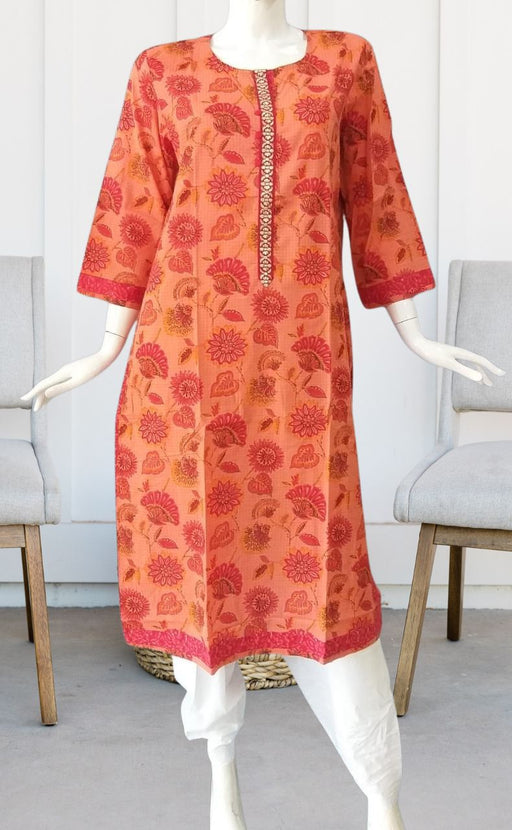 Orange Flora Jaipuri Cotton Kurti. Pure Versatile Cotton. | Laces and Frills - Laces and Frills
