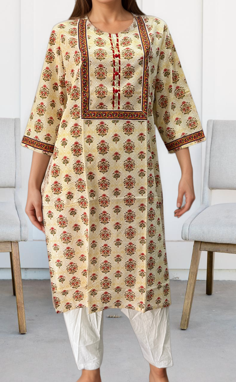 Off White/Peach Pink Floral Motif Jaipuri Cotton Kurti. Pure Versatile Cotton. | Laces and Frills - Laces and Frills