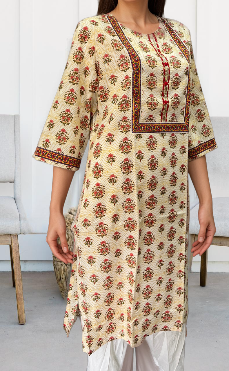 Off White/Peach Pink Floral Motif Jaipuri Cotton Kurti. Pure Versatile Cotton. | Laces and Frills - Laces and Frills