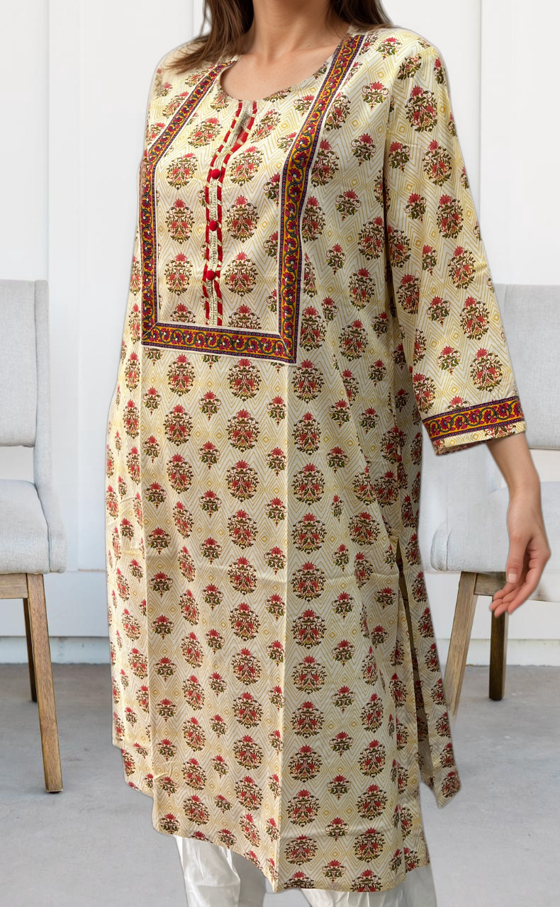 Off White/Peach Pink Floral Motif Jaipuri Cotton Kurti. Pure Versatile Cotton. | Laces and Frills - Laces and Frills
