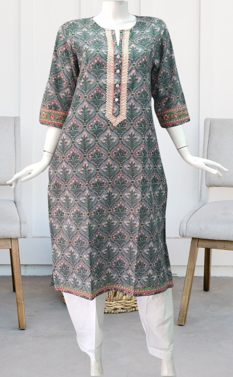 Ash Grey/Peach Garden Jaipuri Cotton Kurti. Pure Versatile Cotton. | Laces and Frills - Laces and Frills