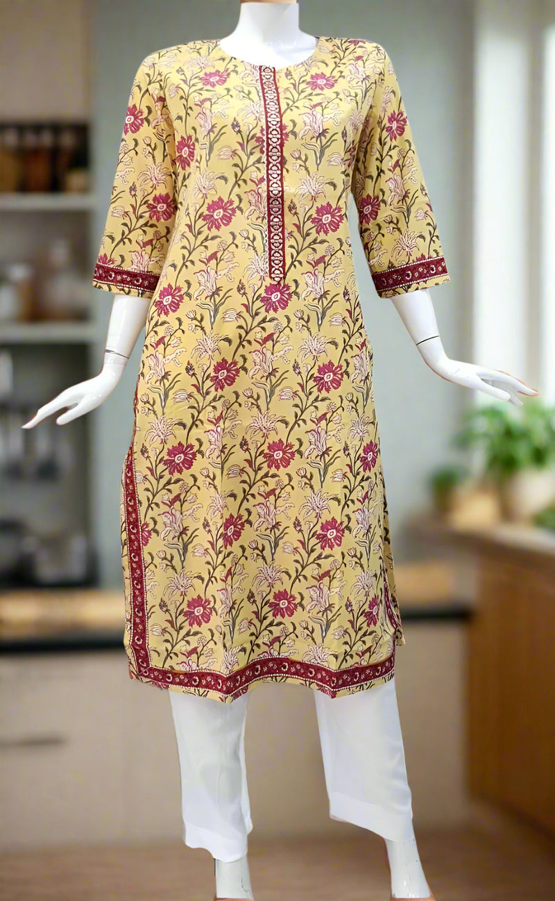 Yellow Garden Jaipuri Cotton Kurti. Pure Versatile Cotton. | Laces and Frills - Laces and Frills