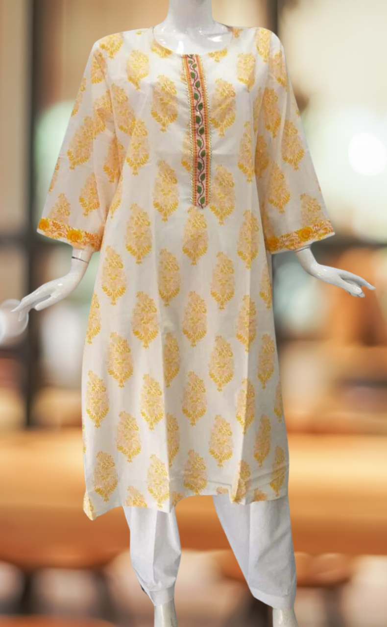 White/Yellow Garden Jaipuri Cotton Kurti. Pure Versatile Cotton. | Laces and Frills - Laces and Frills
