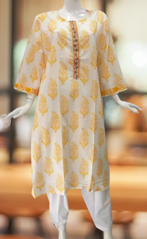 White/Yellow Garden Jaipuri Cotton Kurti. Pure Versatile Cotton. | Laces and Frills - Laces and Frills
