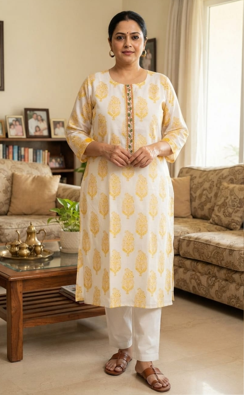 White/Yellow Garden Jaipuri Cotton Kurti. Pure Versatile Cotton. | Laces and Frills