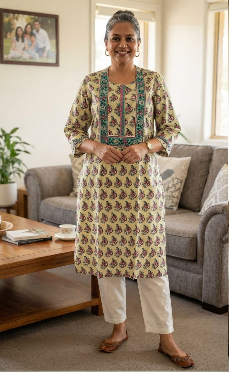 White/Sea Green Floral Motif Jaipuri Cotton Kurti. Pure Versatile Cotton. | Laces and Frills