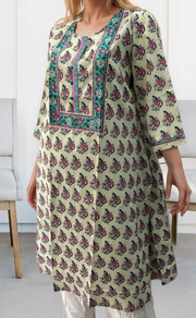 White/Sea Green Floral Motif Jaipuri Cotton Kurti. Pure Versatile Cotton. | Laces and Frills - Laces and Frills