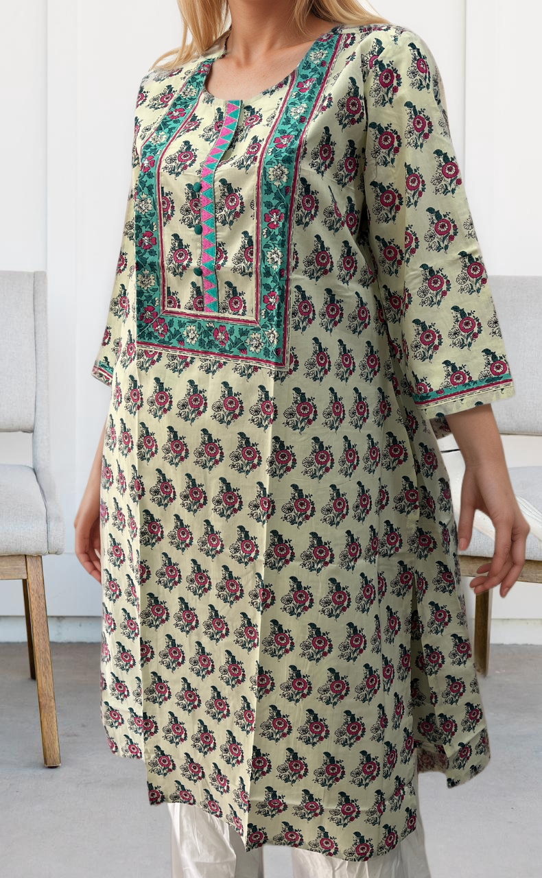 White/Sea Green Floral Motif Jaipuri Cotton Kurti. Pure Versatile Cotton. | Laces and Frills - Laces and Frills