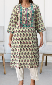 White/Sea Green Floral Motif Jaipuri Cotton Kurti. Pure Versatile Cotton. | Laces and Frills - Laces and Frills