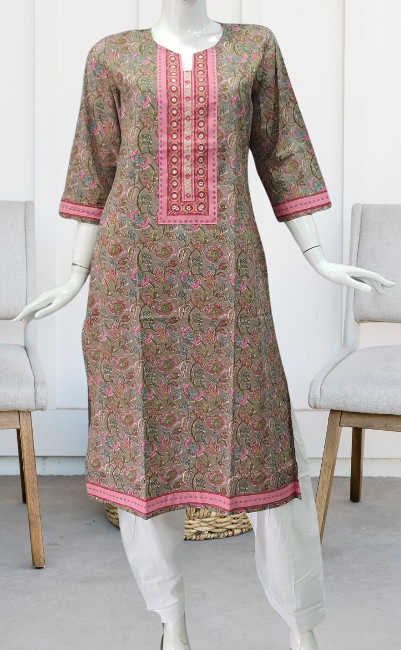 Beige Garden Jaipuri Cotton Kurti. Pure Versatile Cotton. | Laces and Frills - Laces and Frills