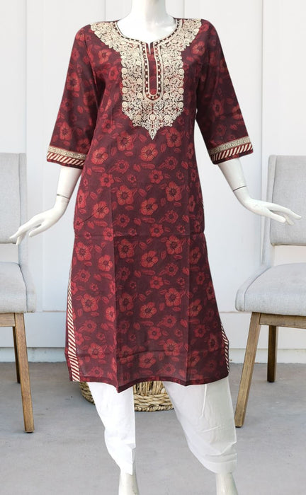 Dark Maroon Embroidery Jaipuri Cotton Kurti. Pure Versatile Cotton. | Laces and Frills - Laces and Frills