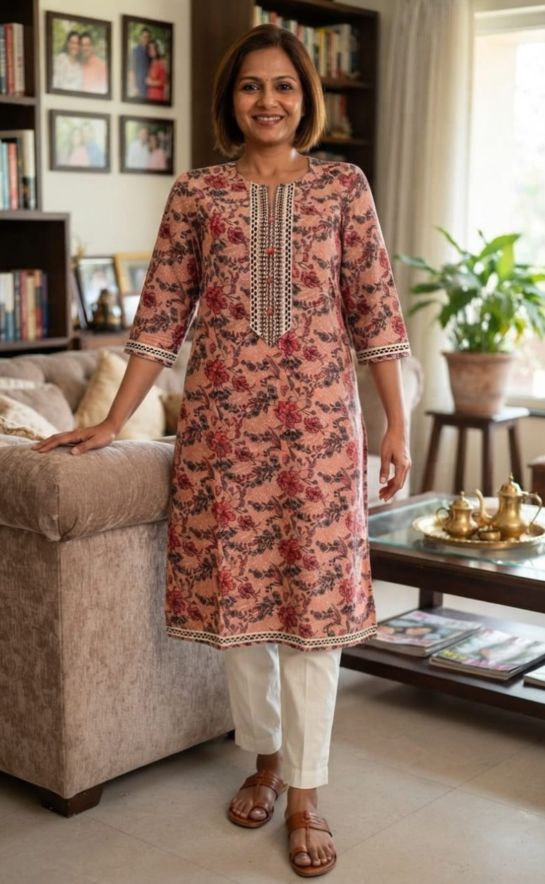 Peach Flora Jaipuri Cotton Kurti. Pure Versatile Cotton. | Laces and Frills
