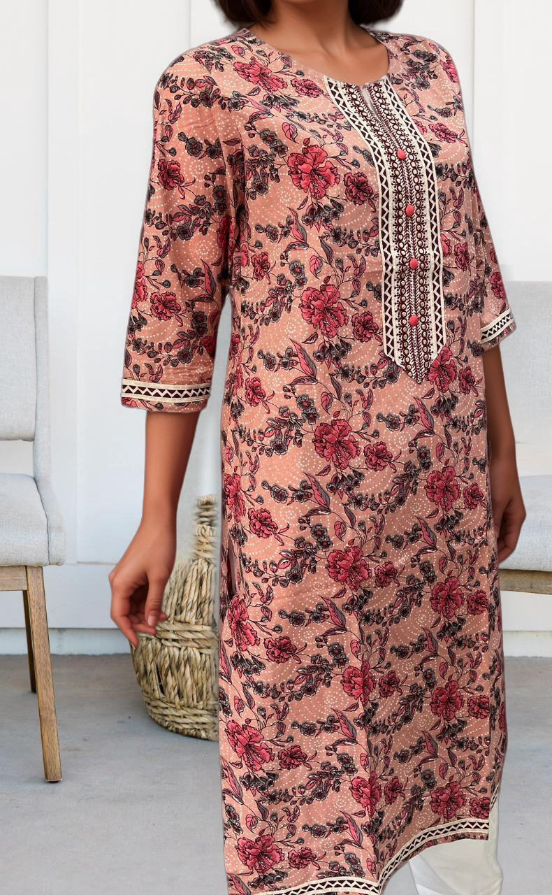 Peach Flora Jaipuri Cotton Kurti. Pure Versatile Cotton. | Laces and Frills - Laces and Frills