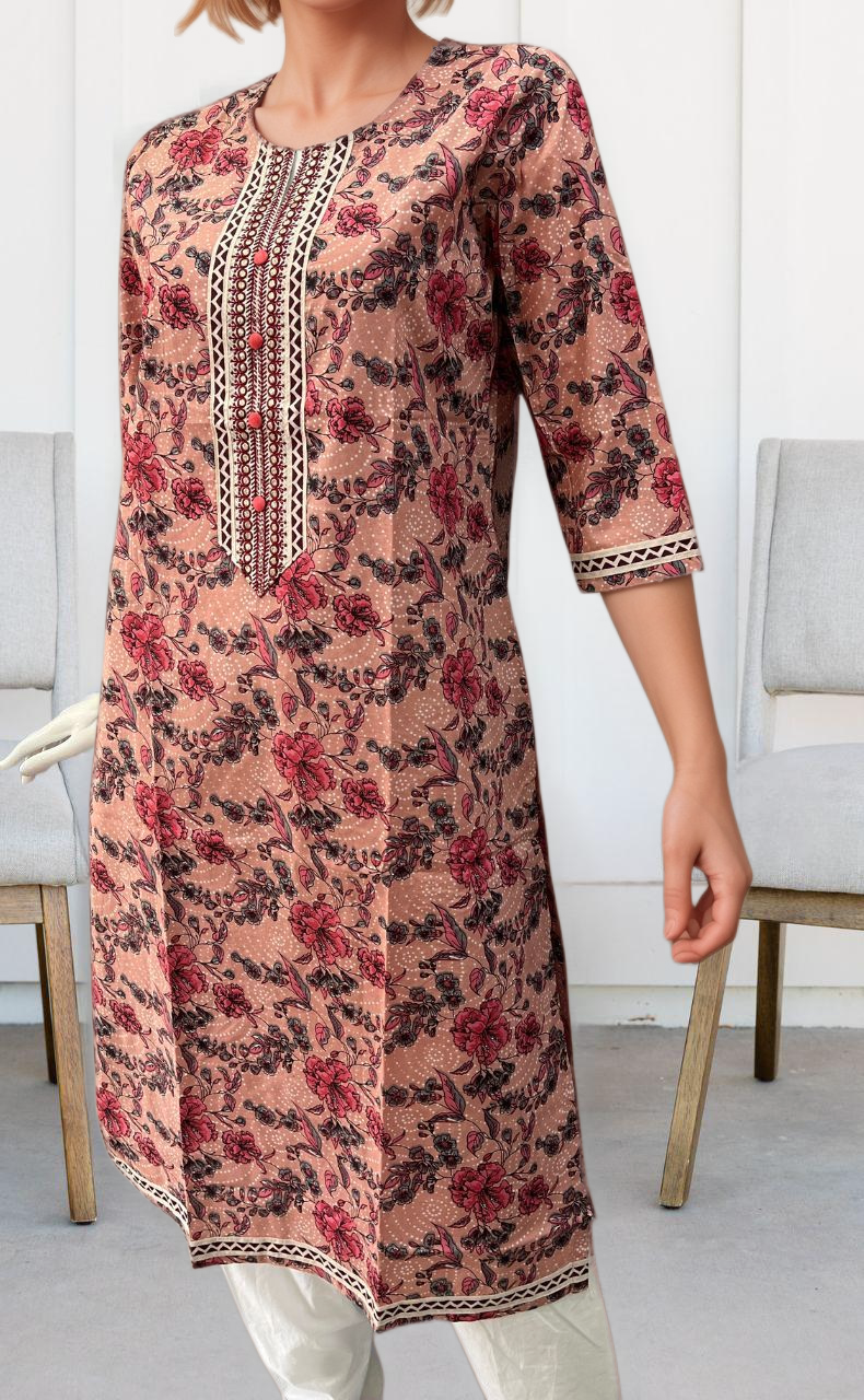 Peach Flora Jaipuri Cotton Kurti. Pure Versatile Cotton. | Laces and Frills - Laces and Frills