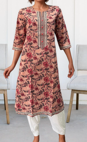 Peach Flora Jaipuri Cotton Kurti. Pure Versatile Cotton. | Laces and Frills - Laces and Frills