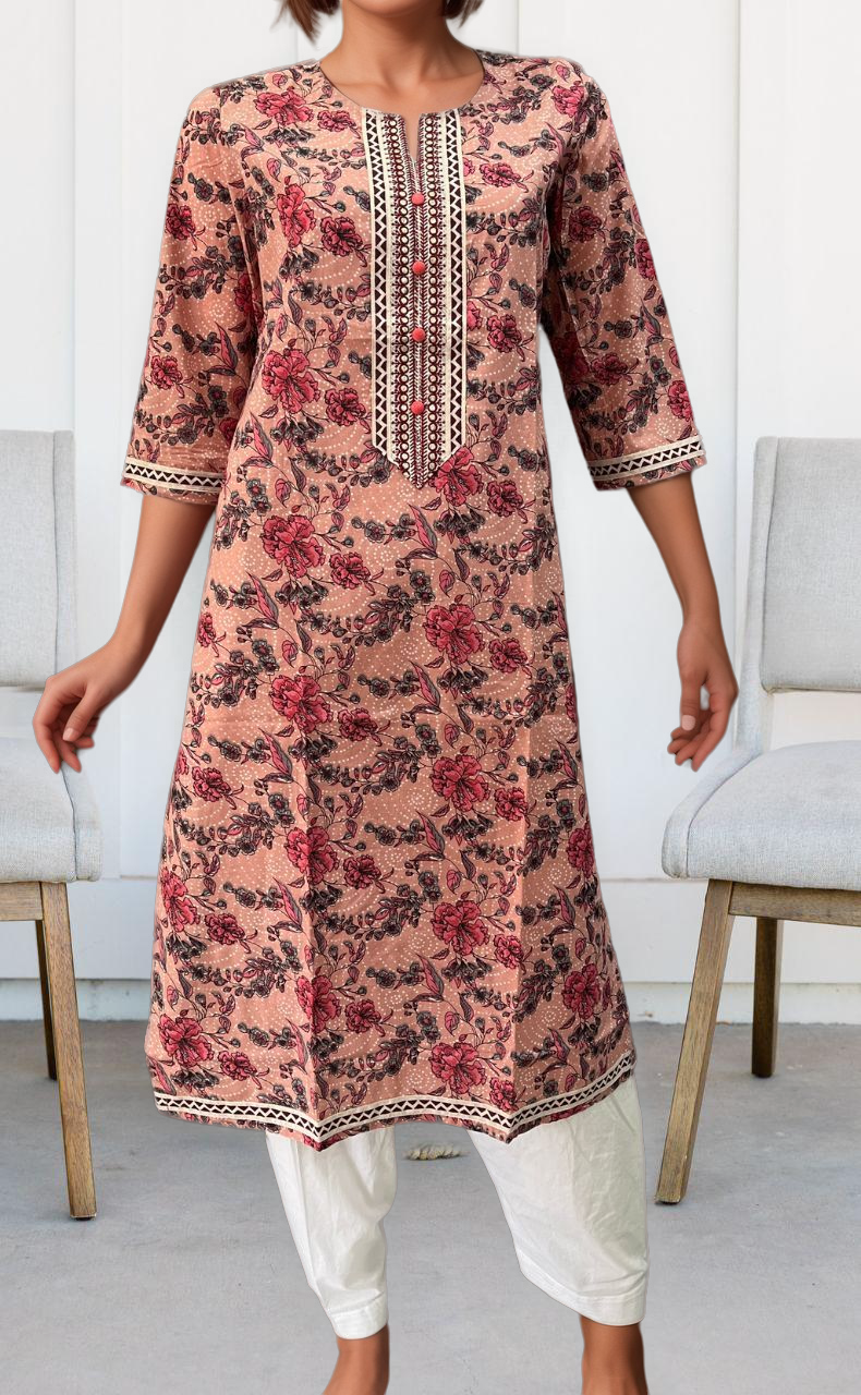 Peach Flora Jaipuri Cotton Kurti. Pure Versatile Cotton. | Laces and Frills - Laces and Frills