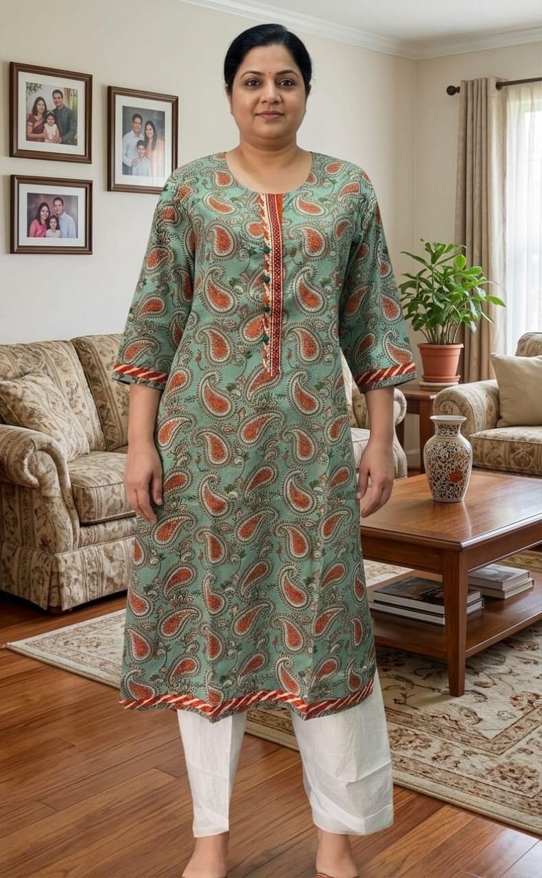 Sea Green/Orange Motif Jaipuri Cotton Kurti. Pure Versatile Cotton. | Laces and Frills