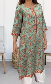 Sea Green/Orange Motif Jaipuri Cotton Kurti. Pure Versatile Cotton. | Laces and Frills - Laces and Frills