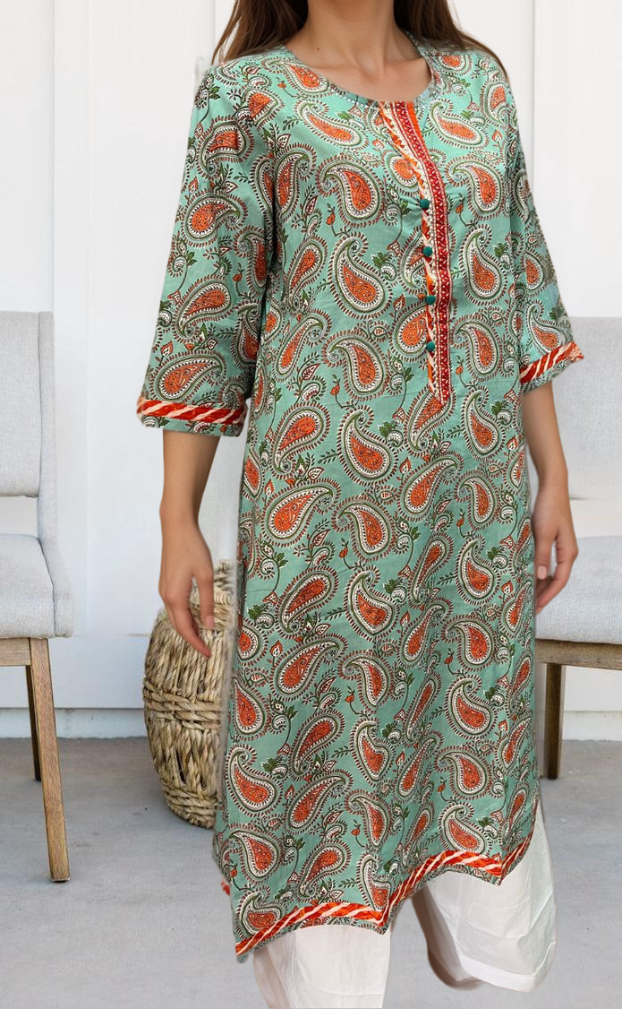 Sea Green/Orange Motif Jaipuri Cotton Kurti. Pure Versatile Cotton. | Laces and Frills - Laces and Frills