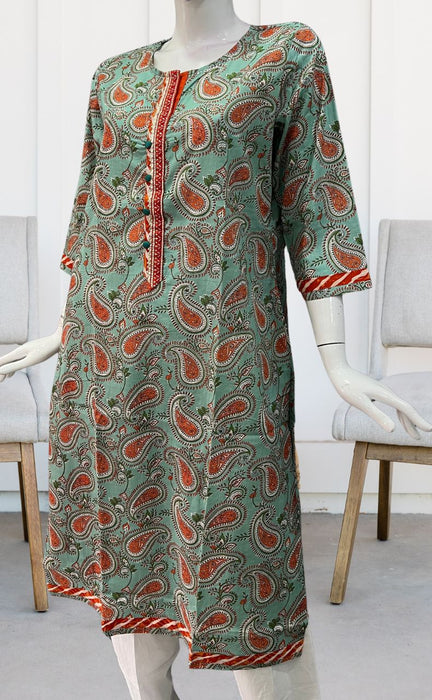 Sea Green/Orange Motif Jaipuri Cotton Kurti. Pure Versatile Cotton. | Laces and Frills - Laces and Frills