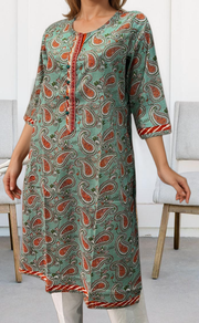 Sea Green/Orange Motif Jaipuri Cotton Kurti. Pure Versatile Cotton. | Laces and Frills - Laces and Frills