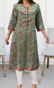 Sea Green/Orange Motif Jaipuri Cotton Kurti. Pure Versatile Cotton. | Laces and Frills - Laces and Frills