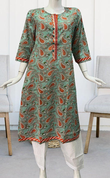 Sea Green/Orange Motif Jaipuri Cotton Kurti. Pure Versatile Cotton. | Laces and Frills