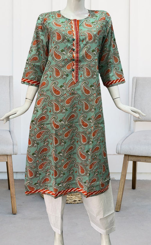 Sea Green/Orange Motif Jaipuri Cotton Kurti. Pure Versatile Cotton. | Laces and Frills - Laces and Frills