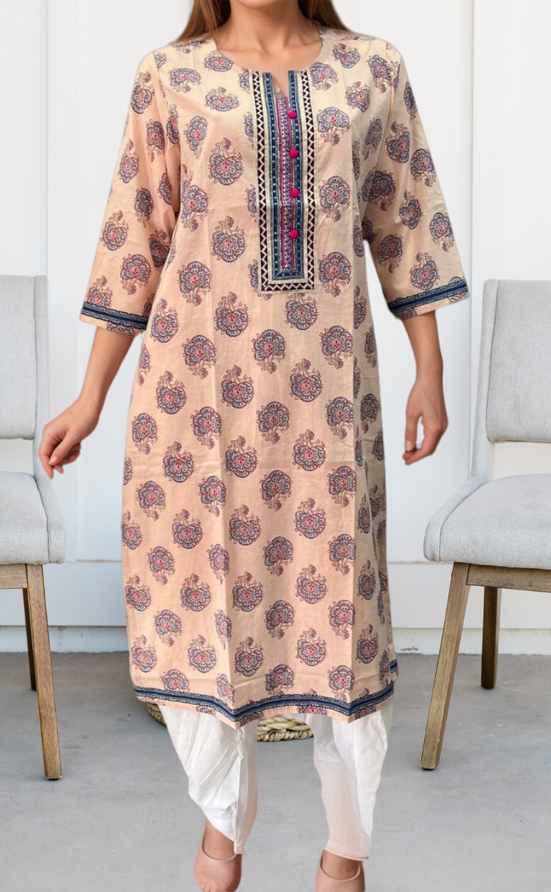 Peach Flora Jaipuri Cotton Kurti. Pure Versatile Cotton. | Laces and Frills - Laces and Frills