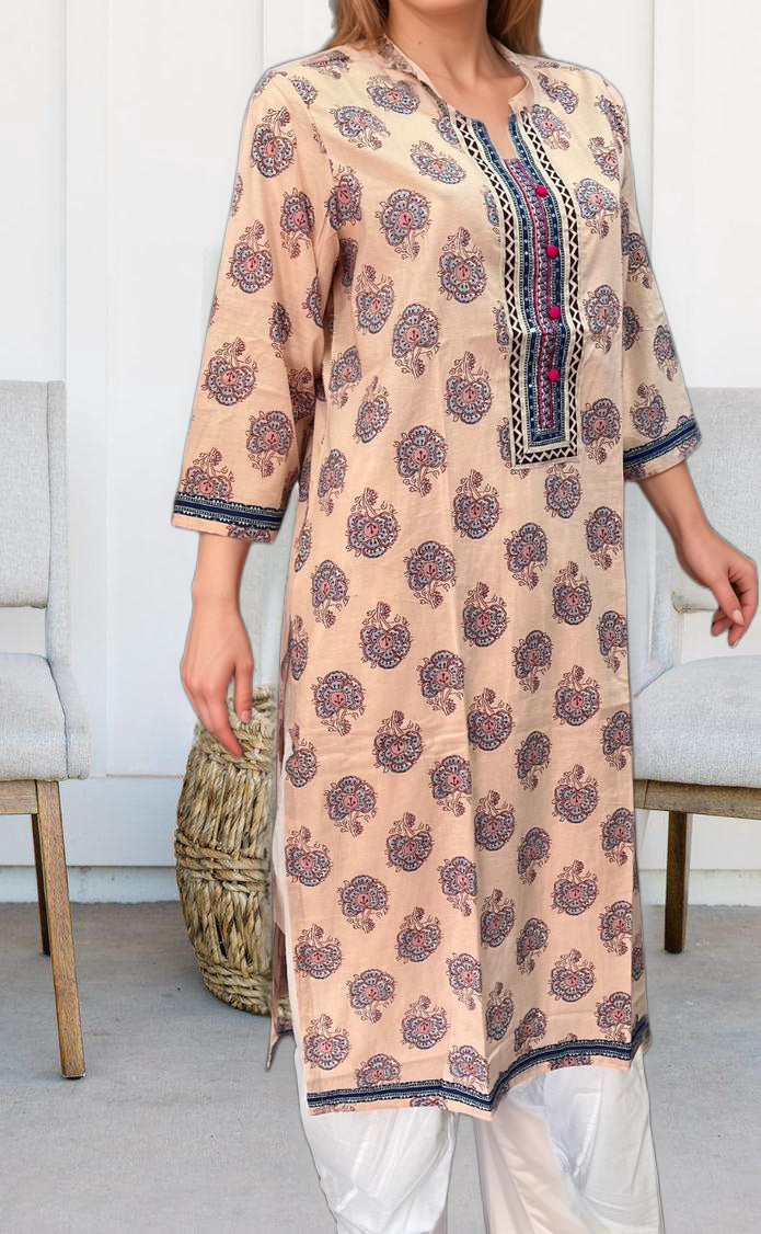 Peach Flora Jaipuri Cotton Kurti. Pure Versatile Cotton. | Laces and Frills - Laces and Frills