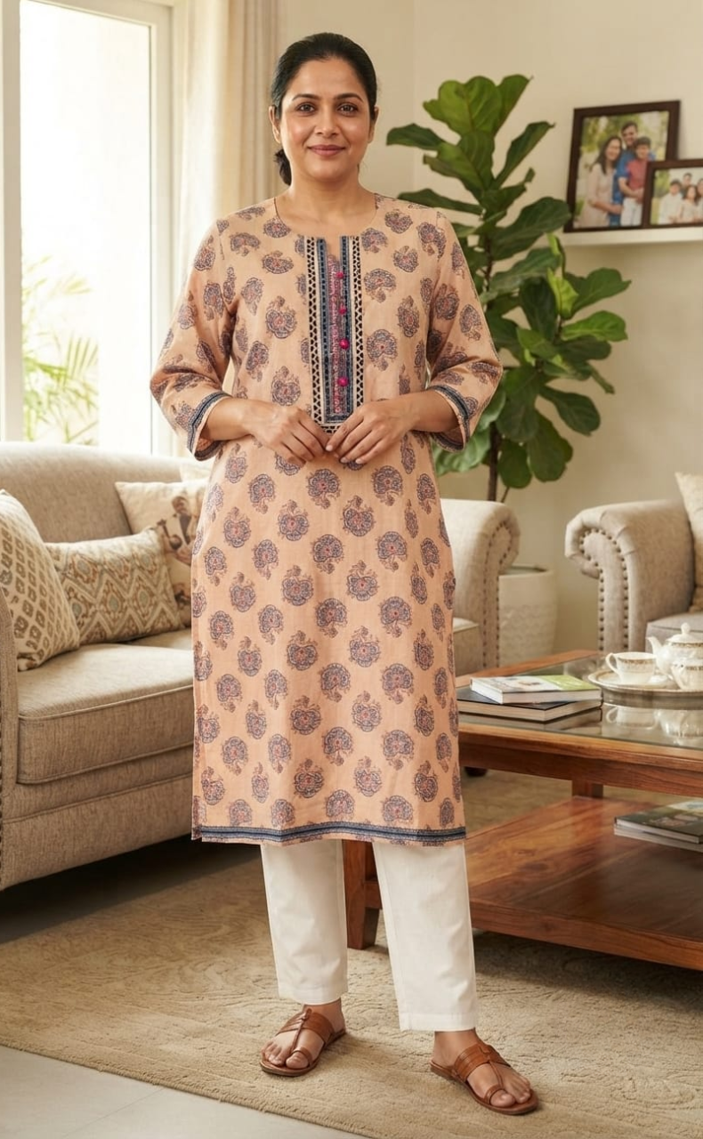 Peach Flora Jaipuri Cotton Kurti. Pure Versatile Cotton. | Laces and Frills