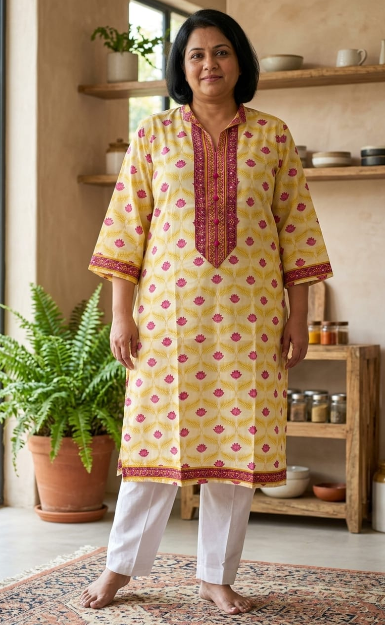 Off White/Yellow Flora Jaipuri Cotton Kurti. Pure Versatile Cotton. | Laces and Frills
