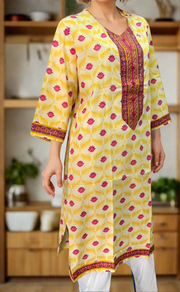 Off White/Yellow Flora Jaipuri Cotton Kurti. Pure Versatile Cotton. | Laces and Frills