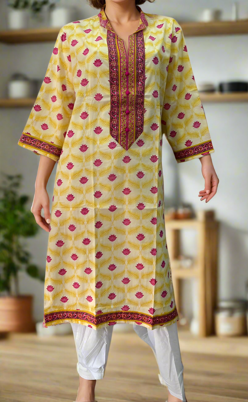 Off White/Yellow Flora Jaipuri Cotton Kurti. Pure Versatile Cotton. | Laces and Frills